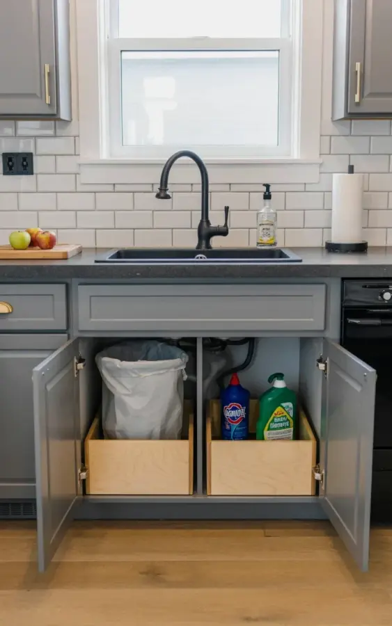 Budget Kitchen Sink Ideas with Gray Cabinets and Black Countertops