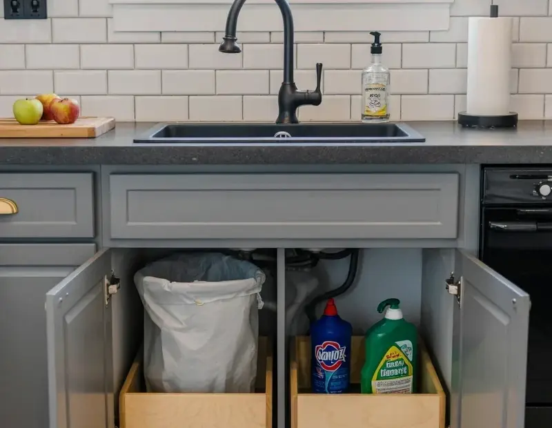 Budget Kitchen Sink Ideas with Gray Cabinets and Black Countertops