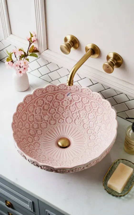 Pink Porcelain Vessel Sink Bathroom Vanity | Brass Faucet & Marble Counter
