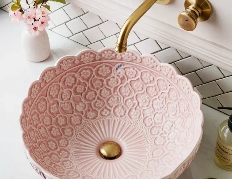 Pink Porcelain Vessel Sink Bathroom Vanity | Brass Faucet & Marble Counter