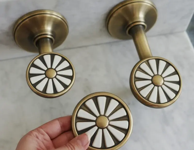 Vintage Brass Bathroom Hardware with Porcelain Daisy Flowers | Farmhouse Vanity Decor