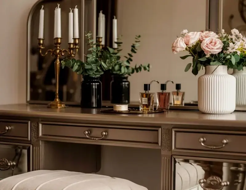 Vintage Bathroom Vanity Decor for Spring | Ornate Mirror & Brass Candelabra