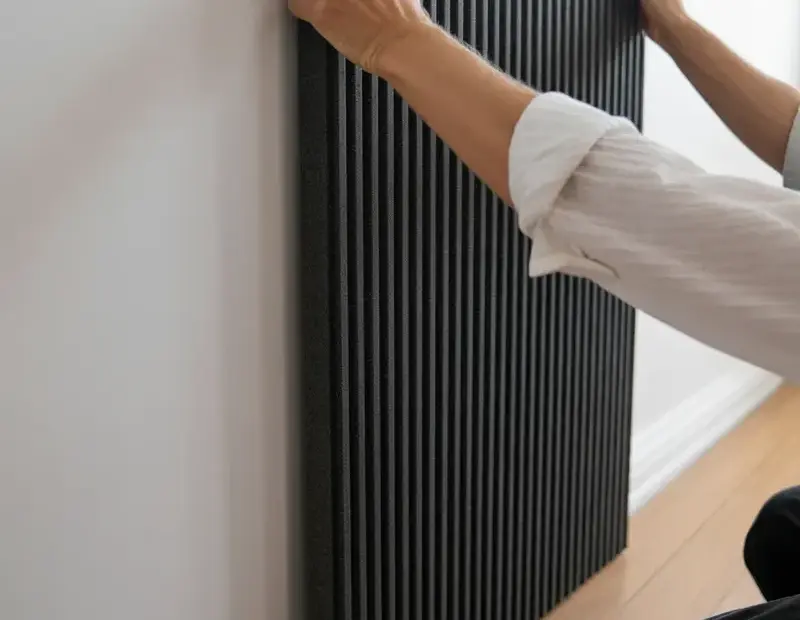 Installing a Black Acoustic Slat Panel on a White Wall | DIY Room Treatment