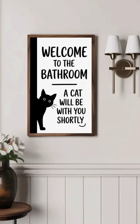 This funny bathroom wall art has a cat waiting for you - perfect for small bathroom decor