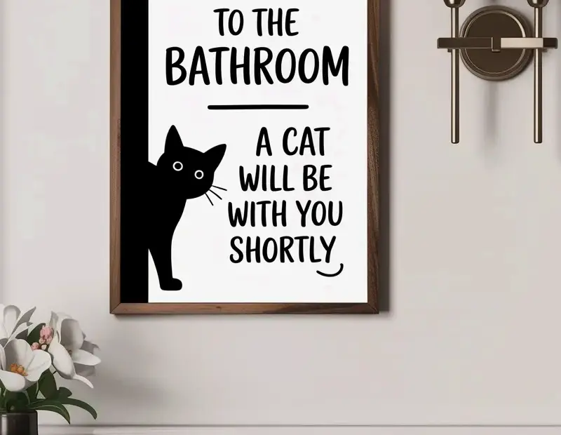 This funny bathroom wall art has a cat waiting for you - perfect for small bathroom decor