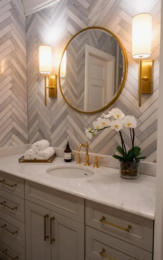 Bathroom Makeover Before & After | Herringbone Marble Tile & Gold Fixtures