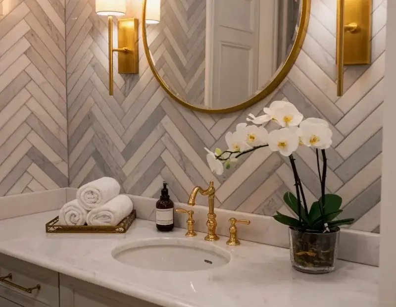 Bathroom Makeover Before & After | Herringbone Marble Tile & Gold Fixtures