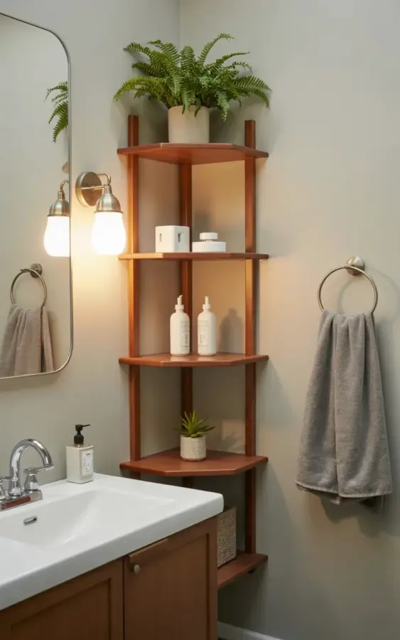 Spring Bathroom Refresh Ideas for Small Spaces with a Corner Shelf