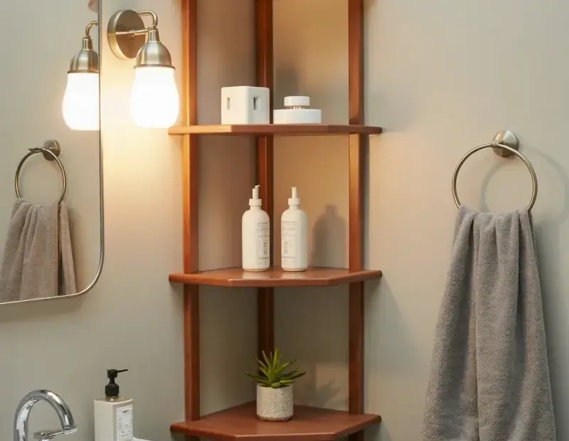 Spring Bathroom Refresh Ideas for Small Spaces with a Corner Shelf
