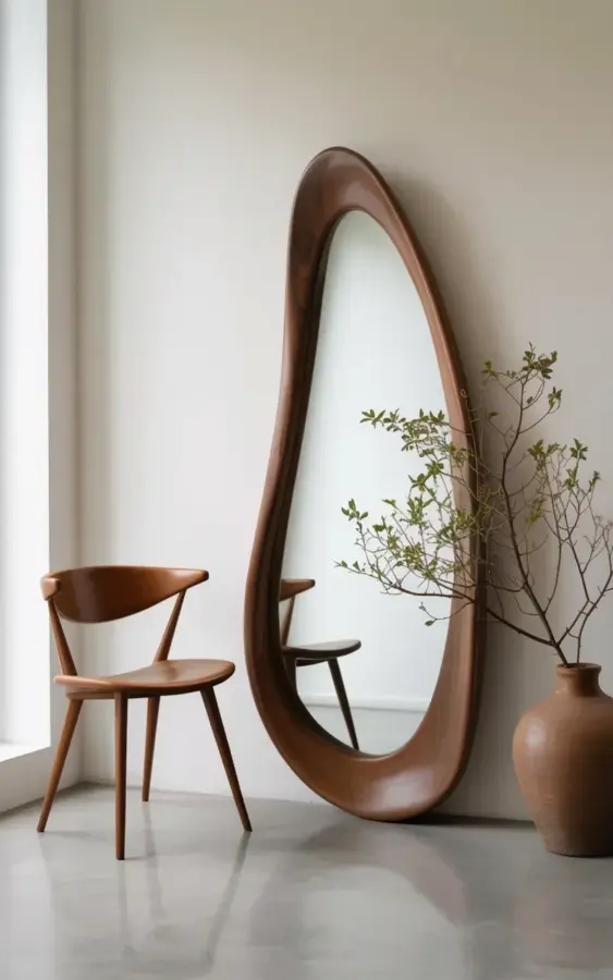 Minimalist Interior Design with a Sculptural Walnut Mirror and Mid-Century Chair