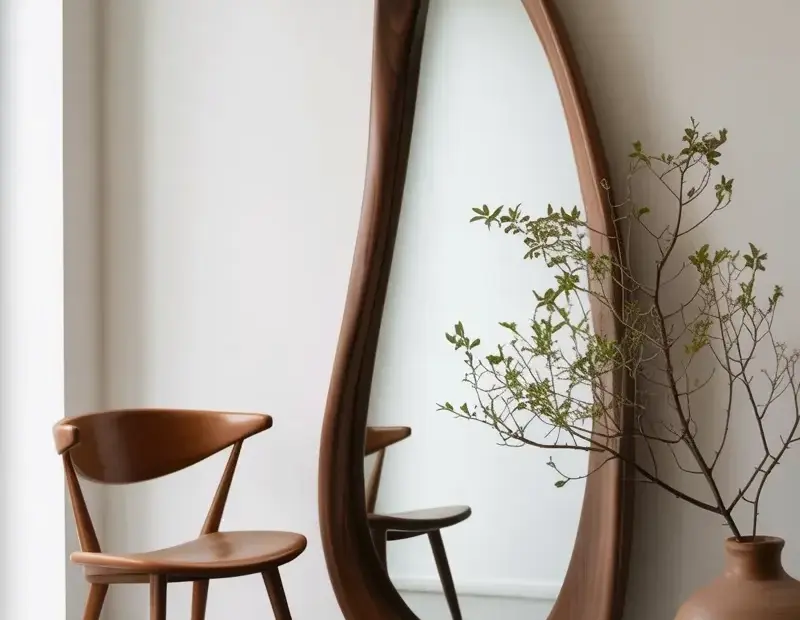 Minimalist Interior Design with a Sculptural Walnut Mirror and Mid-Century Chair