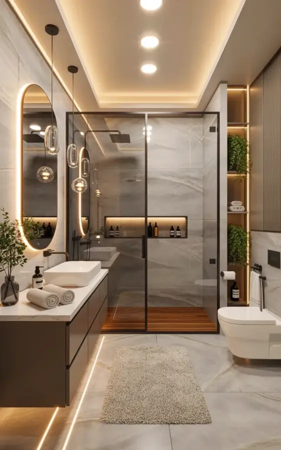 This Modern Bathroom Interior with Backlit Mirror & Rainfall Shower Is Cozy Perfection
