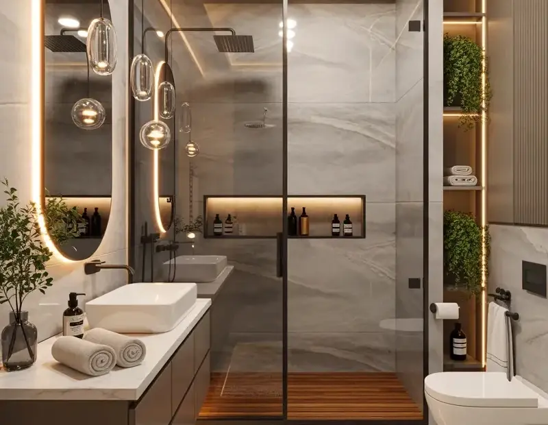 This Modern Bathroom Interior with Backlit Mirror & Rainfall Shower Is Cozy Perfection
