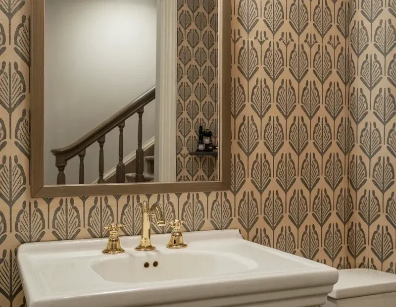 Art Deco Powder Room Inspiration with Pedestal Sink and Gold Fixtures