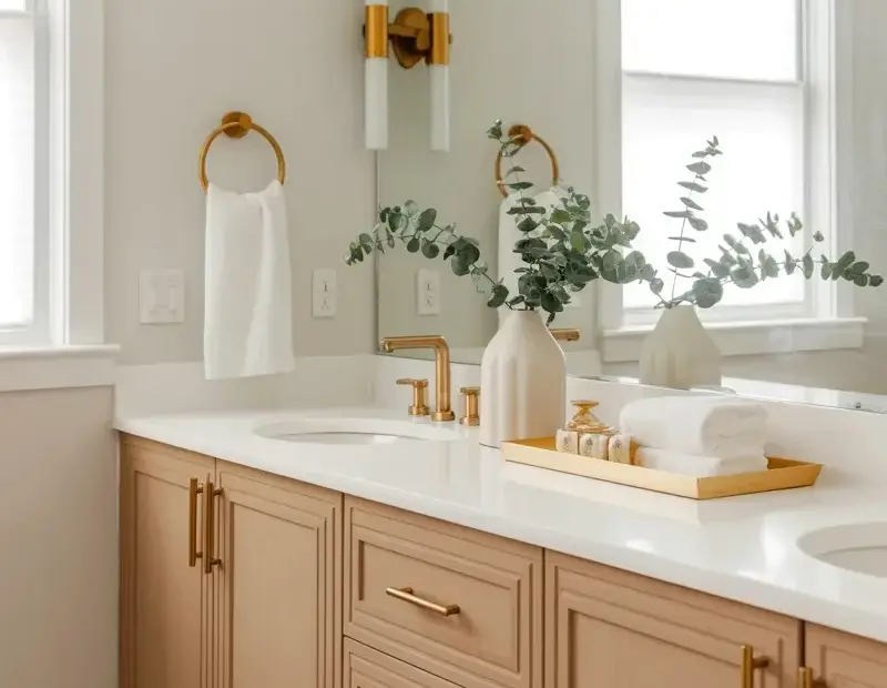 How to Style a Light Wood Bathroom Vanity with Gold Hardware