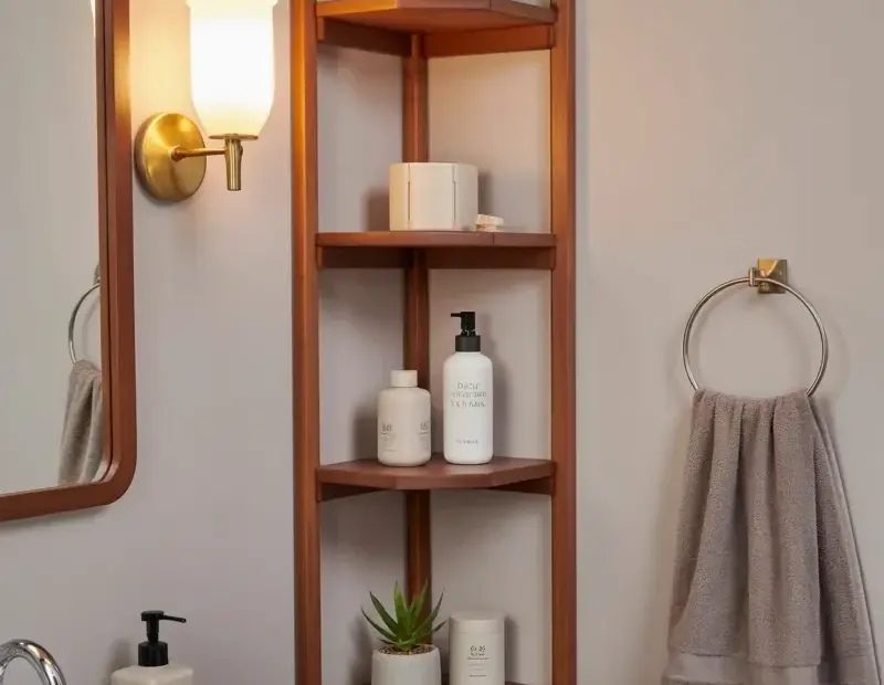 Small Bathroom Decor Ideas on a Budget - Corner Shelf + Brass Sconce