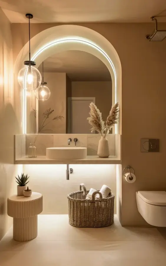Bathroom Vanity on a Budget: Arched Mirror & Vessel Sink Look