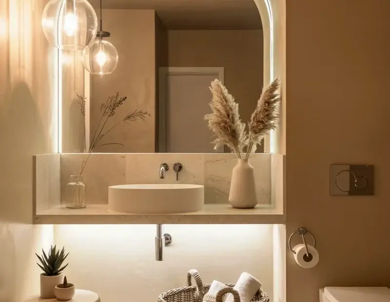 Bathroom Vanity on a Budget: Arched Mirror & Vessel Sink Look