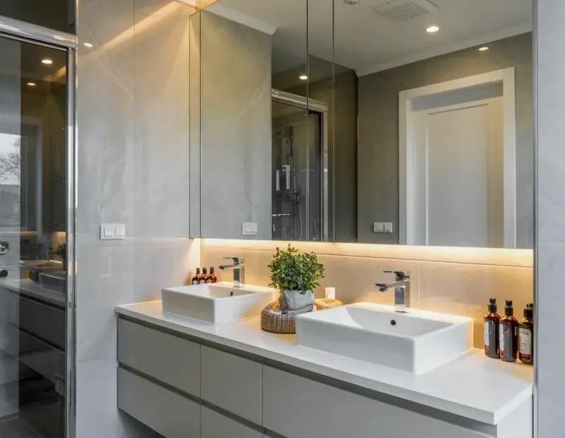 Double Sink Vanity Ideas | White Floating Bathroom Vanity with LED Mirror