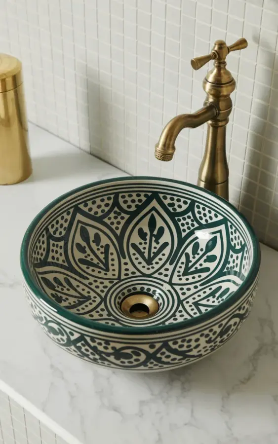 Bathroom vanity double sink designs: measure your faucet before choosing a Moroccan vessel sink