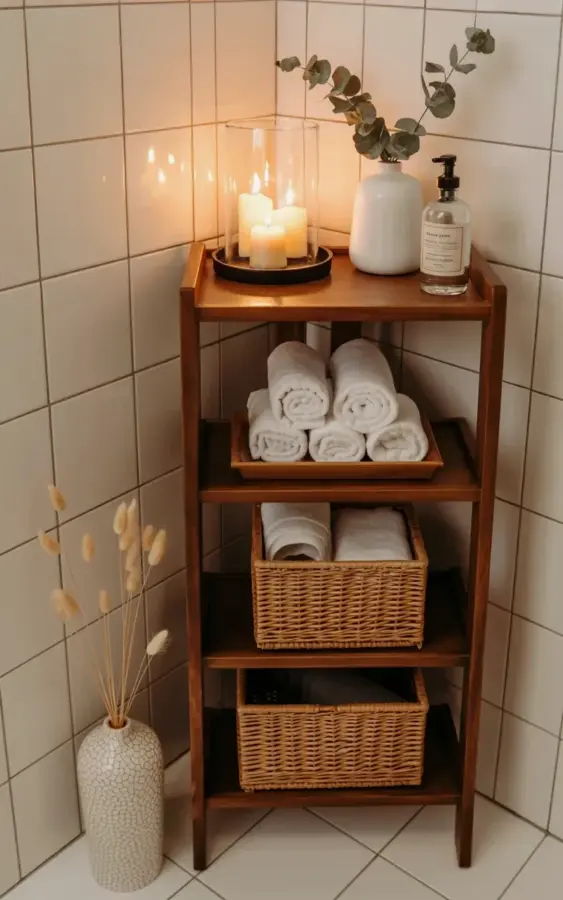 Small Bathroom Corner Shelf Decor Ideas with Wood & Candles | Cozy Minimal