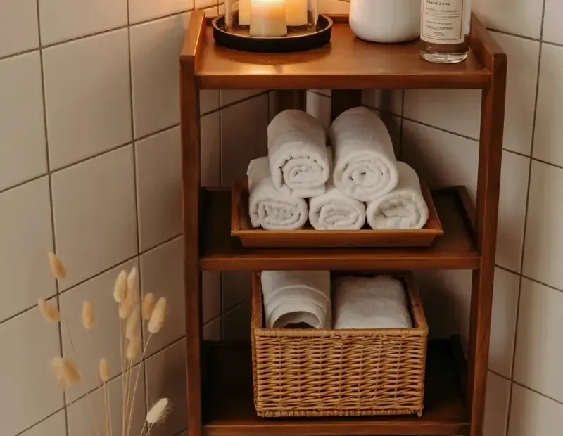 Small Bathroom Corner Shelf Decor Ideas with Wood & Candles | Cozy Minimal