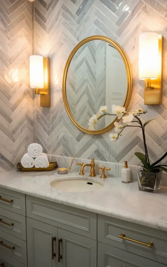 Herringbone Marble Bathroom Wall | Gold Mirror & Gray Vanity Idea