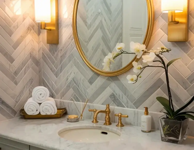 Herringbone Marble Bathroom Wall | Gold Mirror & Gray Vanity Idea