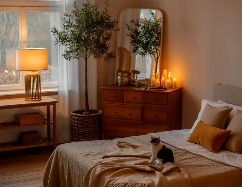 Cozy Bedroom Decor with a Hanging Lantern and Candlelit Dresser