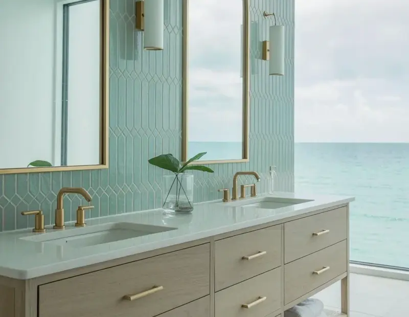 Coastal Bathroom Vanity for Summer: Double Sinks, Light Wood & Ocean View